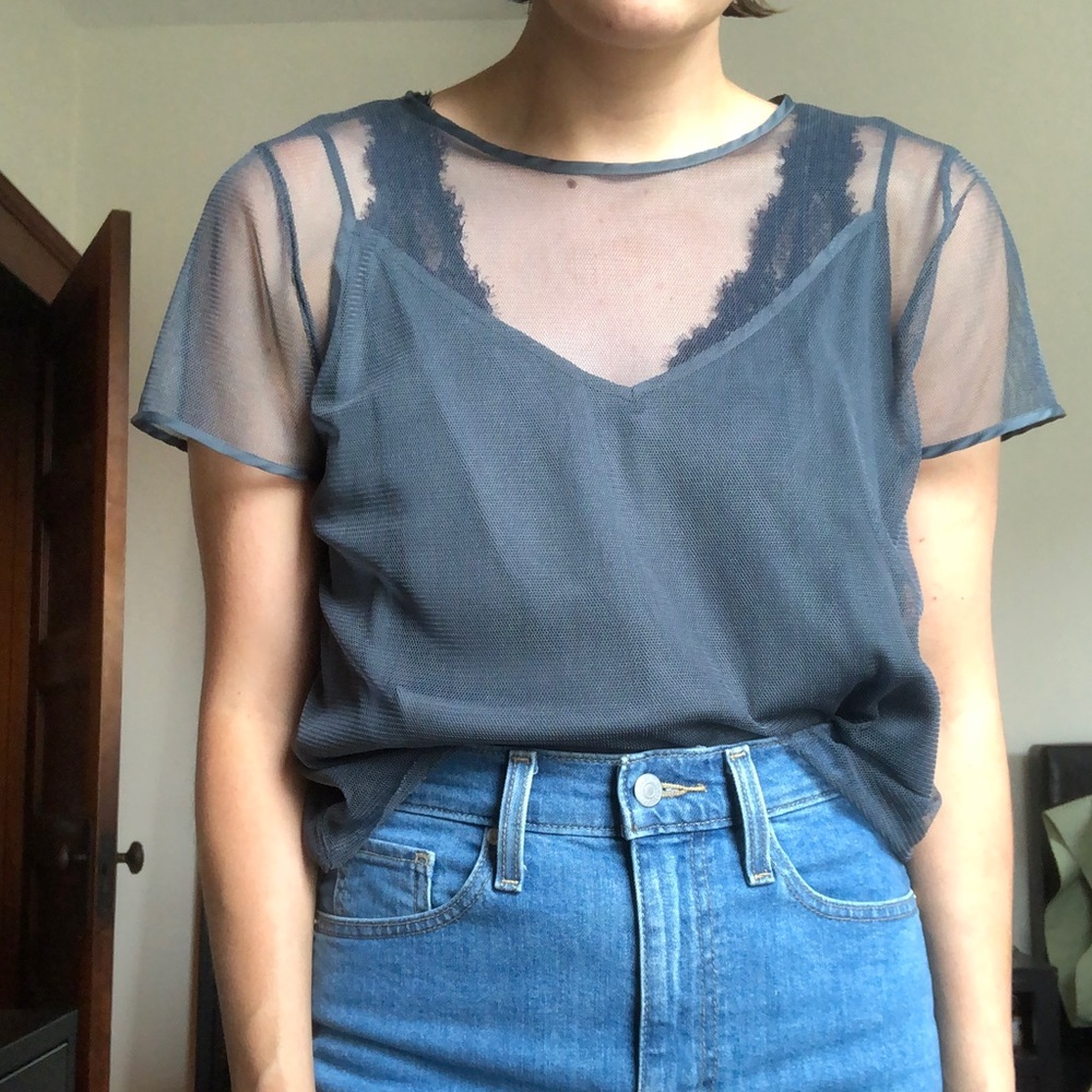 Sheer blue shirt with cami underneath